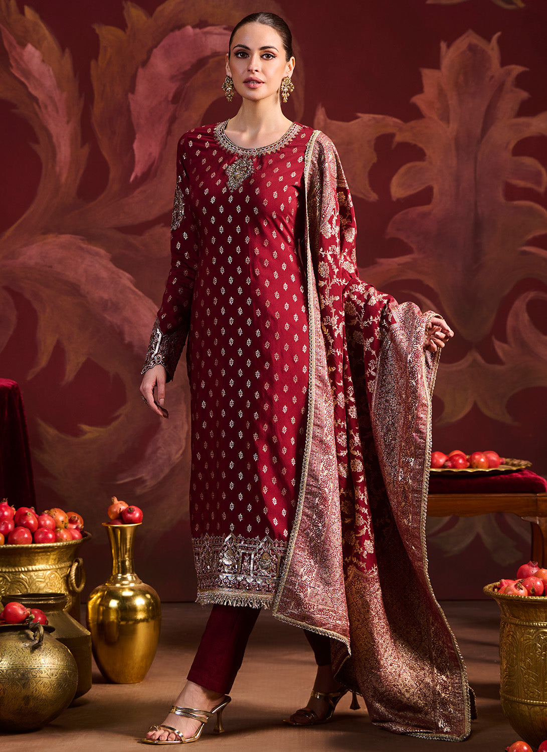 Maroon Embroidered Brocade Pant Suit
