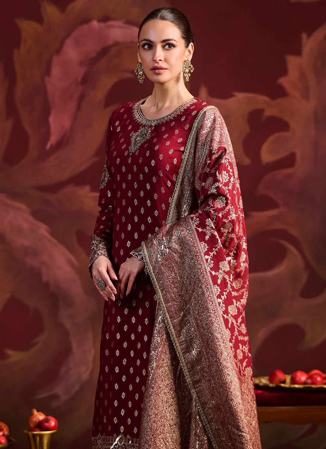 Maroon Embroidered Brocade Pant Suit