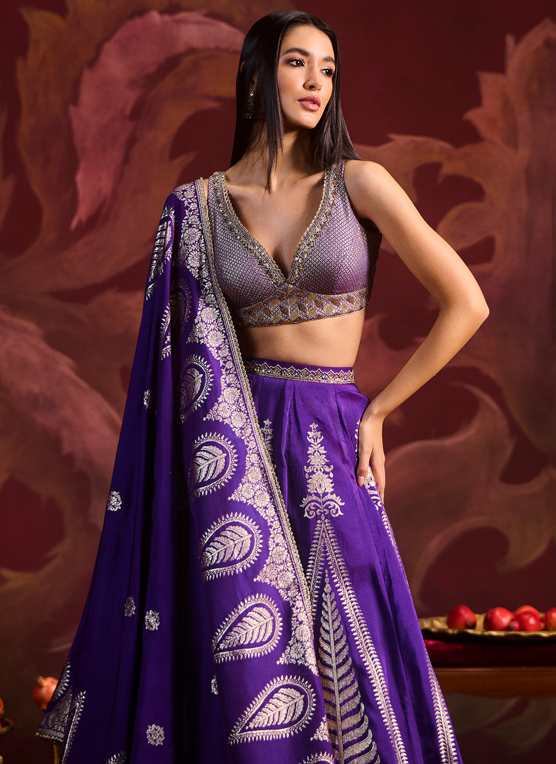 Purple Embroidered Brocade Lehenga