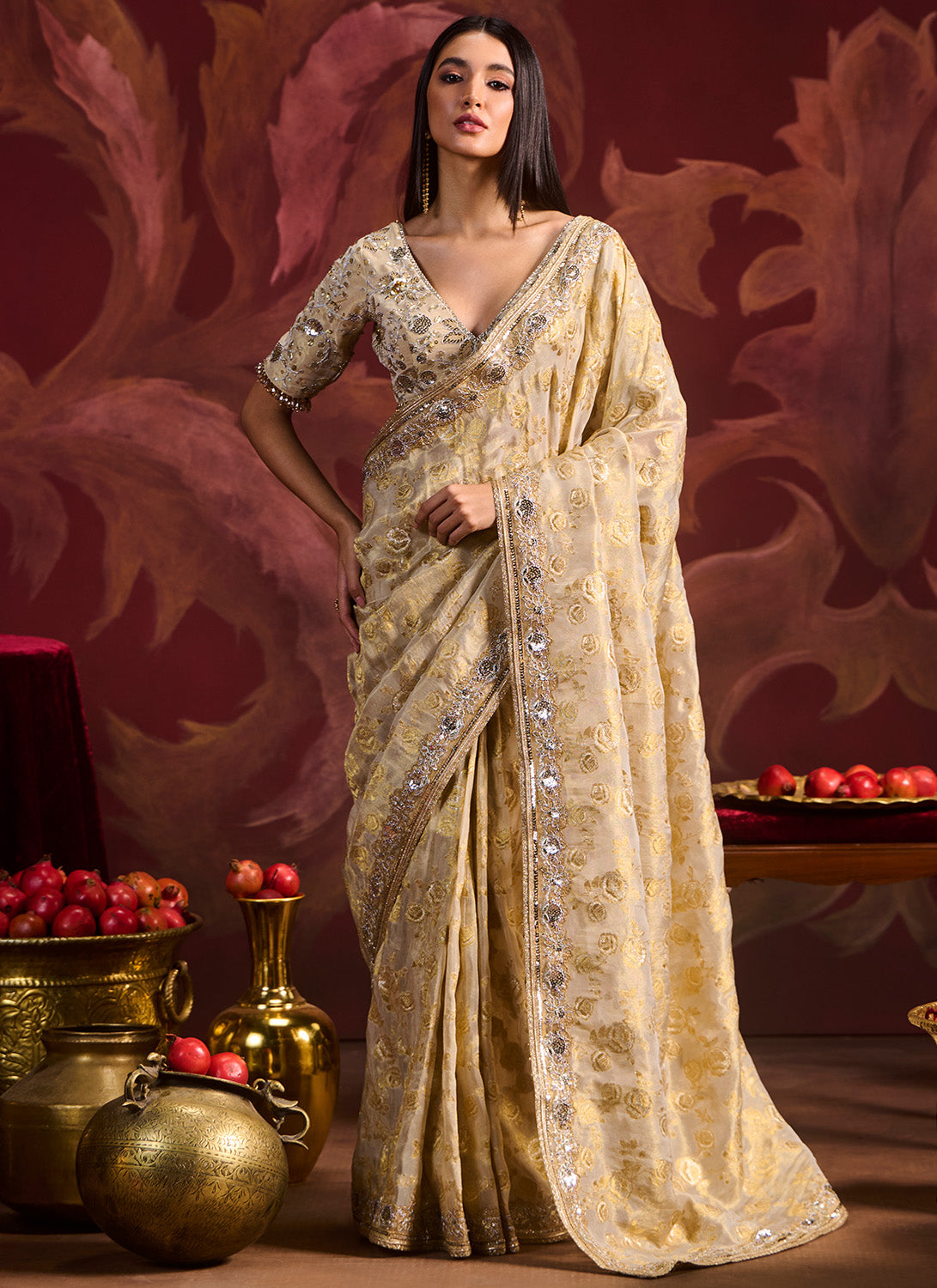 Gold Embroidered Brocade Saree