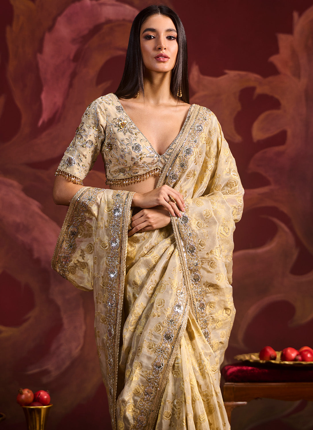 Gold Embroidered Brocade Saree