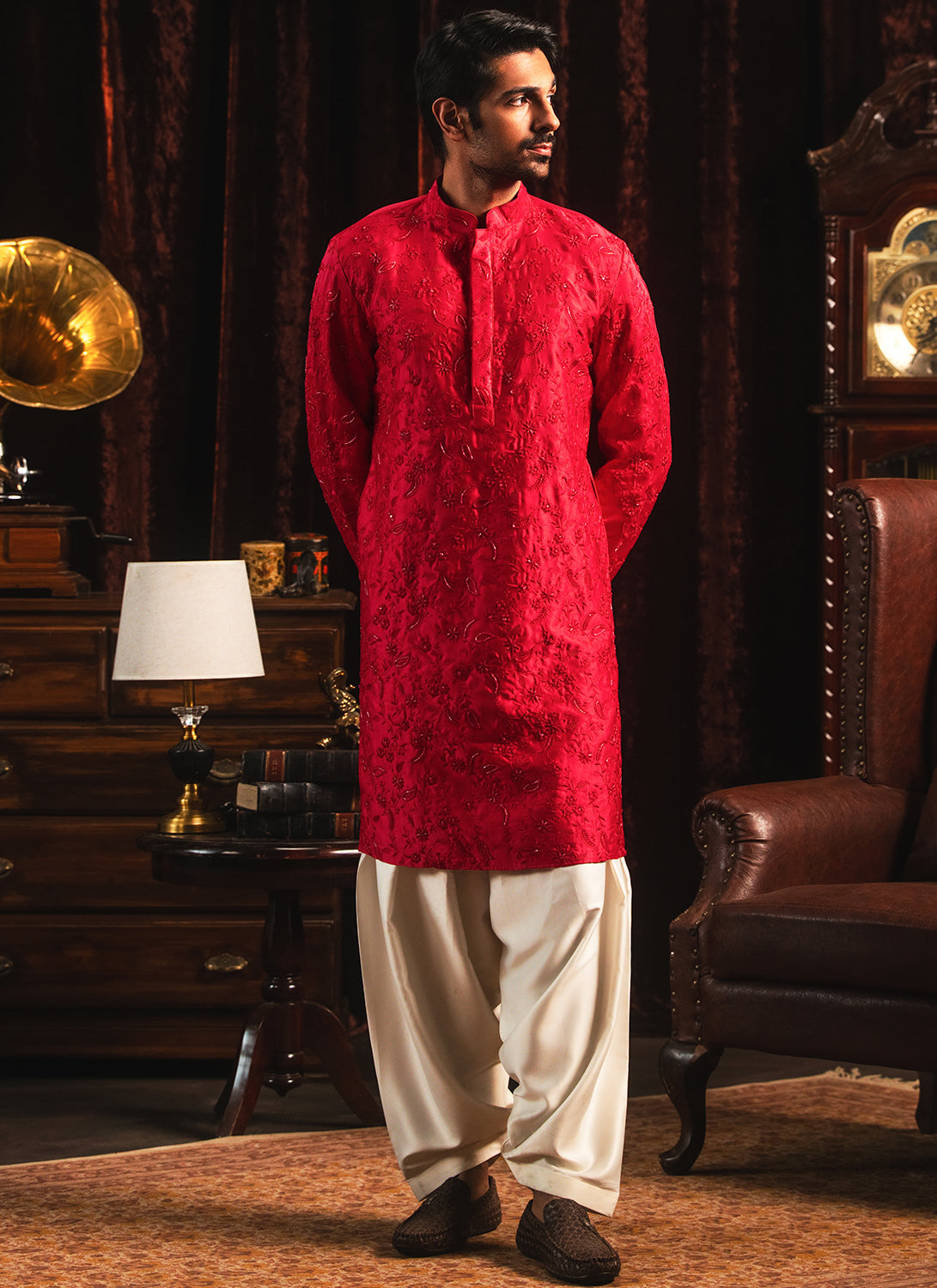 Crimson Embroidered Silk Kurta Set