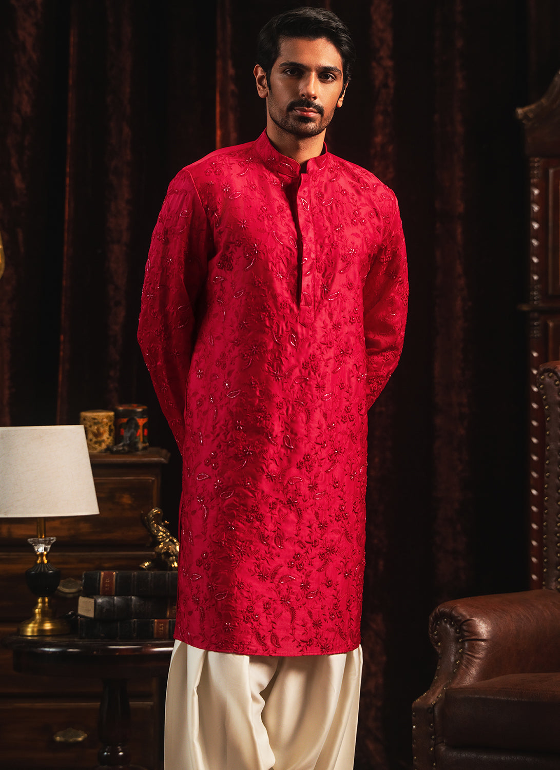 Crimson Embroidered Silk Kurta Set