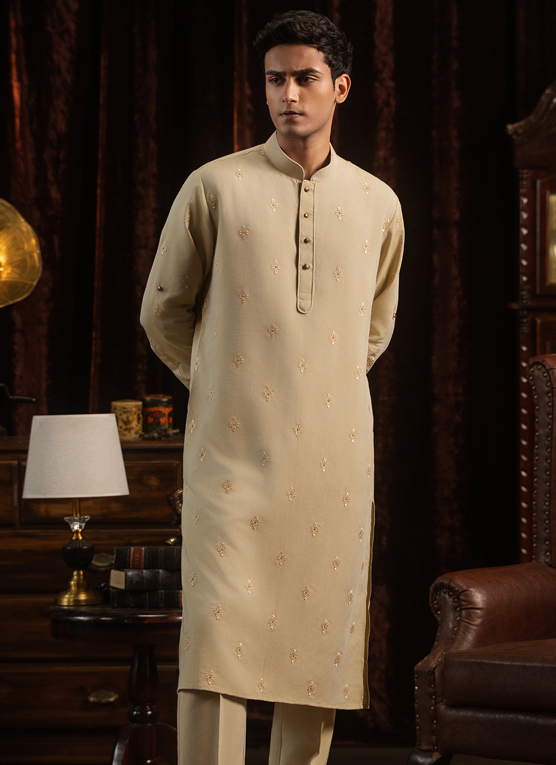 Beige Embroidered Kurta Set