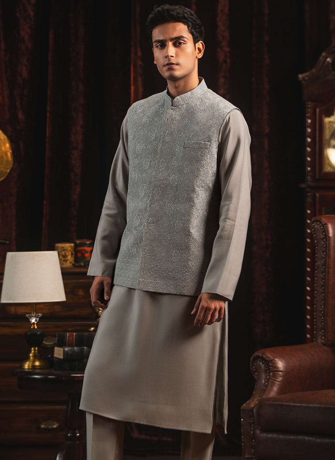 Grey Embroidered Nehru Jacket Set