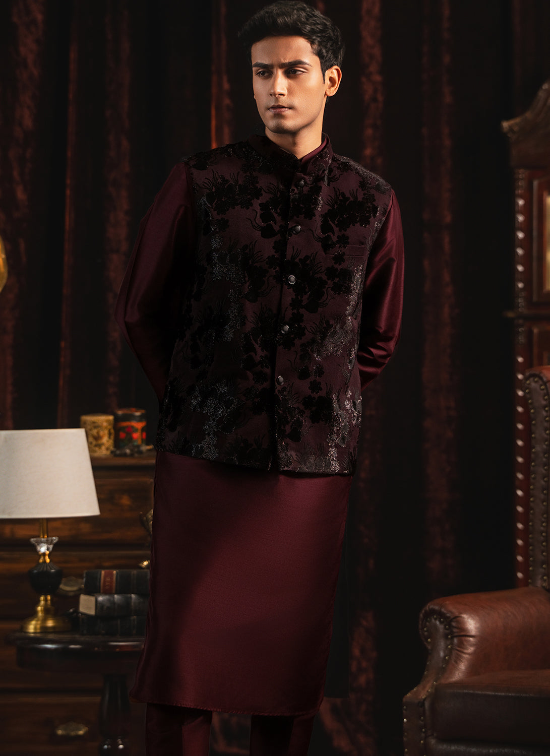 Maroon Silk Nehru Jacket Set