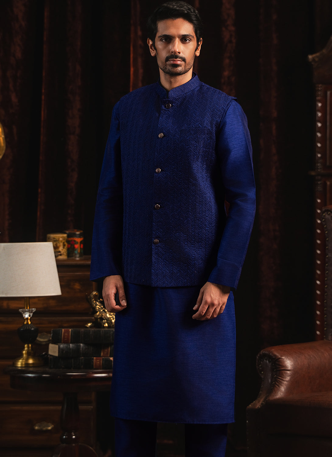 Blue Silk Nehru Jacket Set