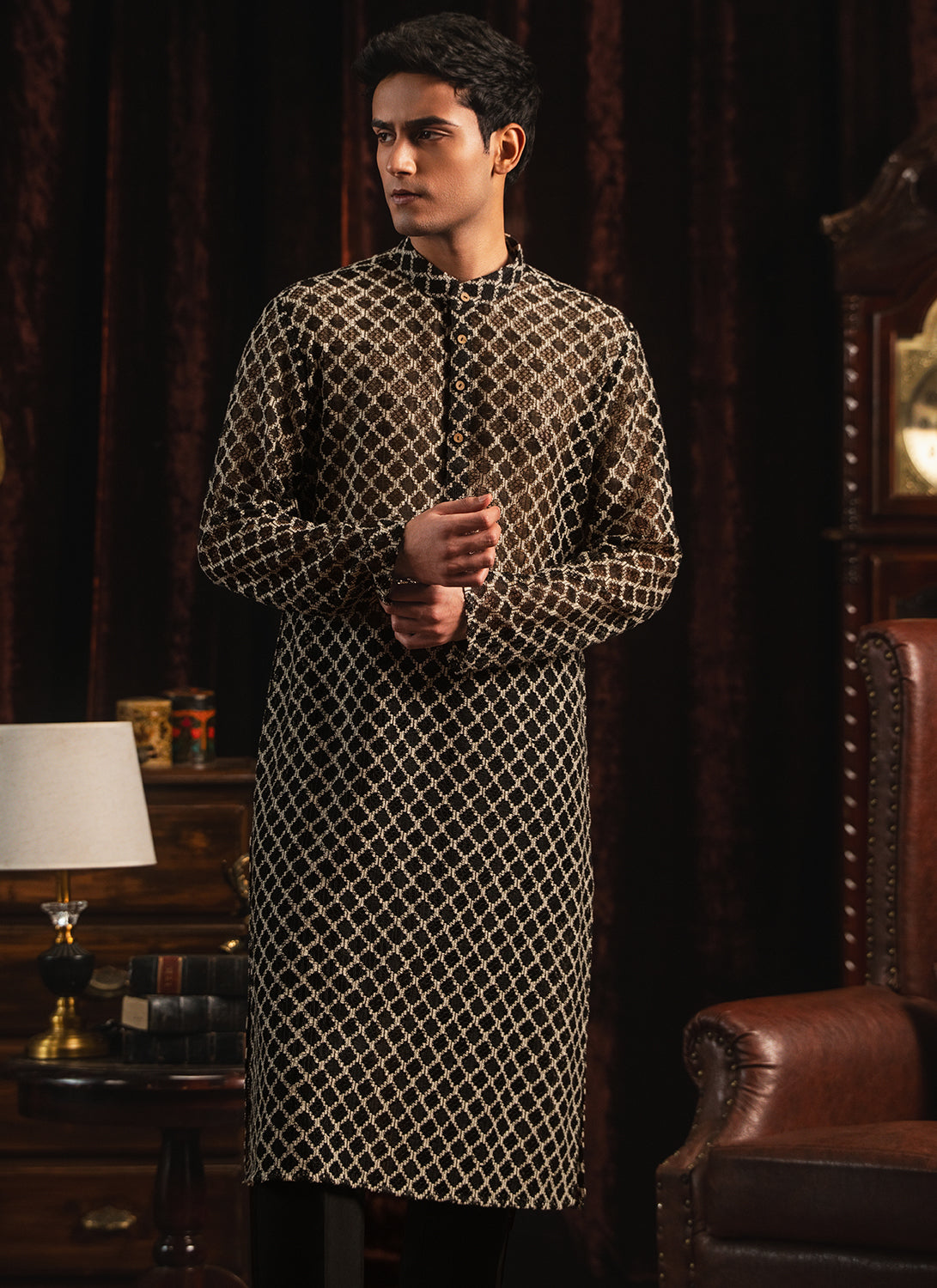 Black Crochet Cotton Kurta Set