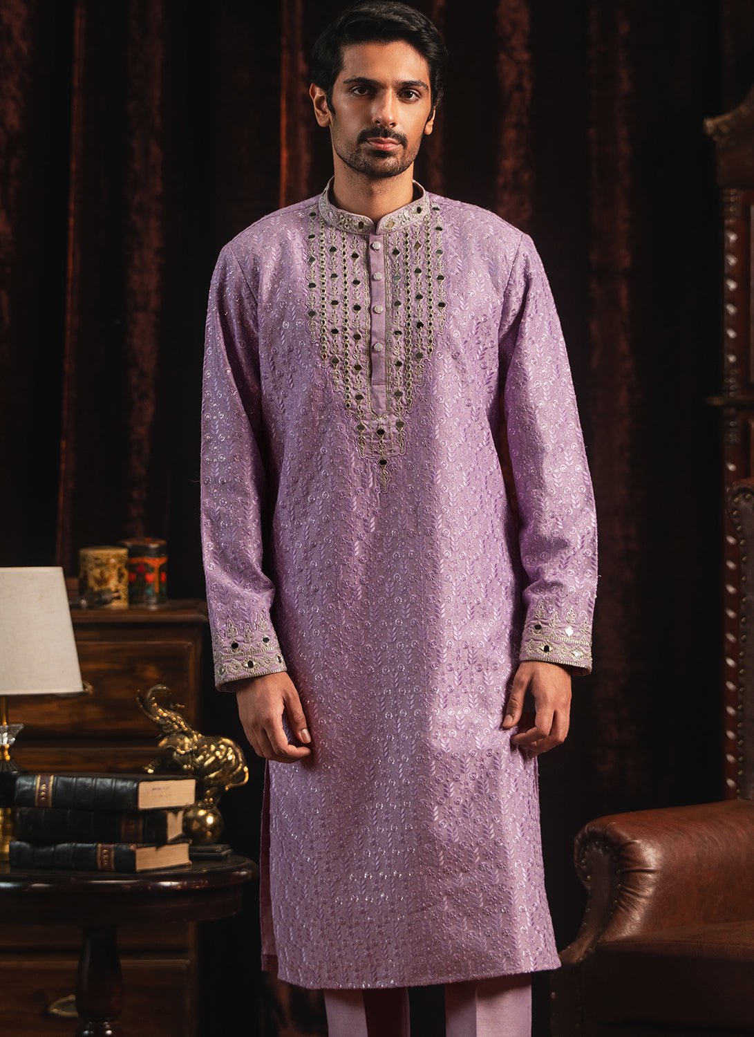 Purple Mirror Embroidered Kurta Set