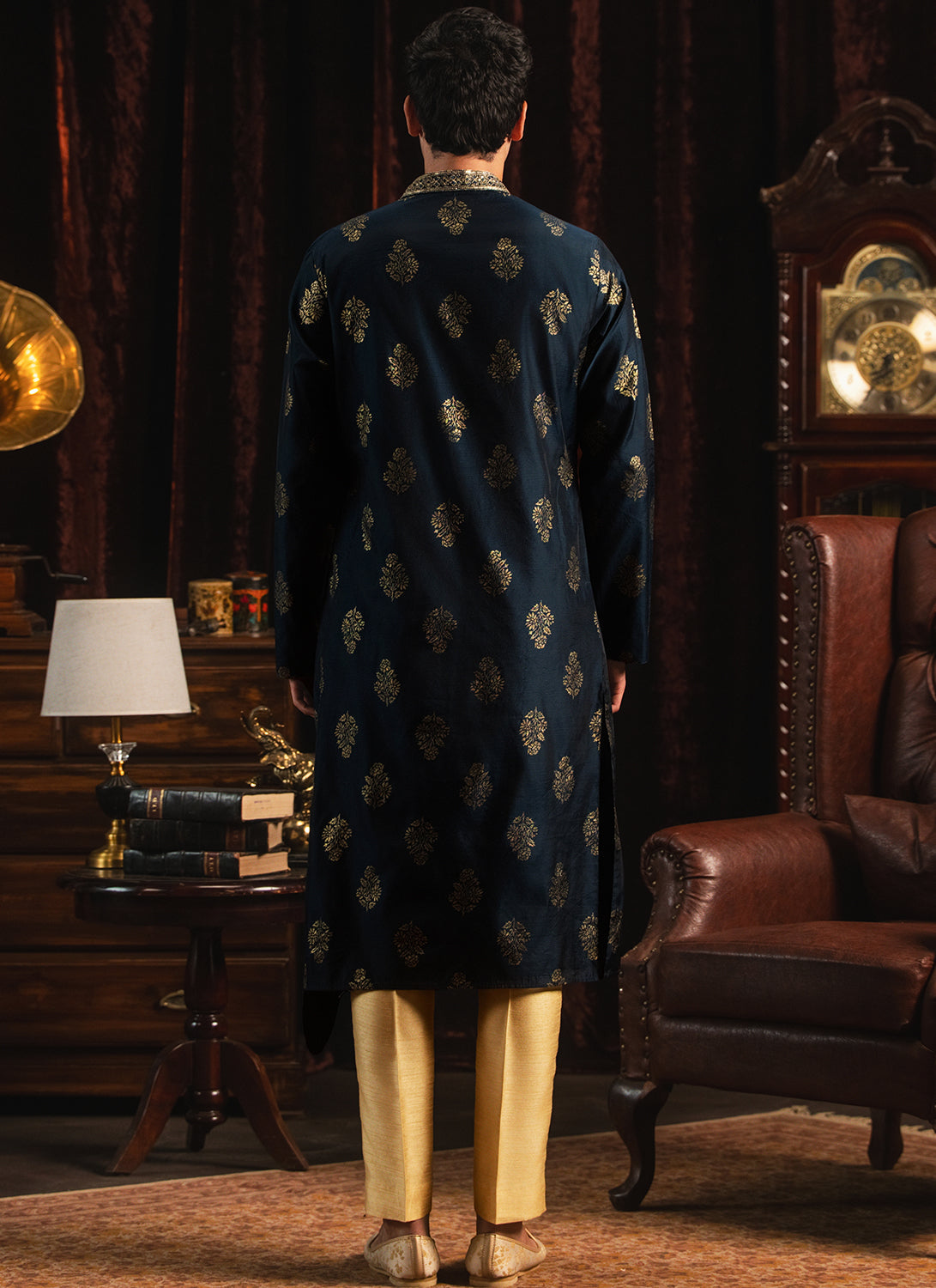 Navy Blue Foil Printed Kurta Set