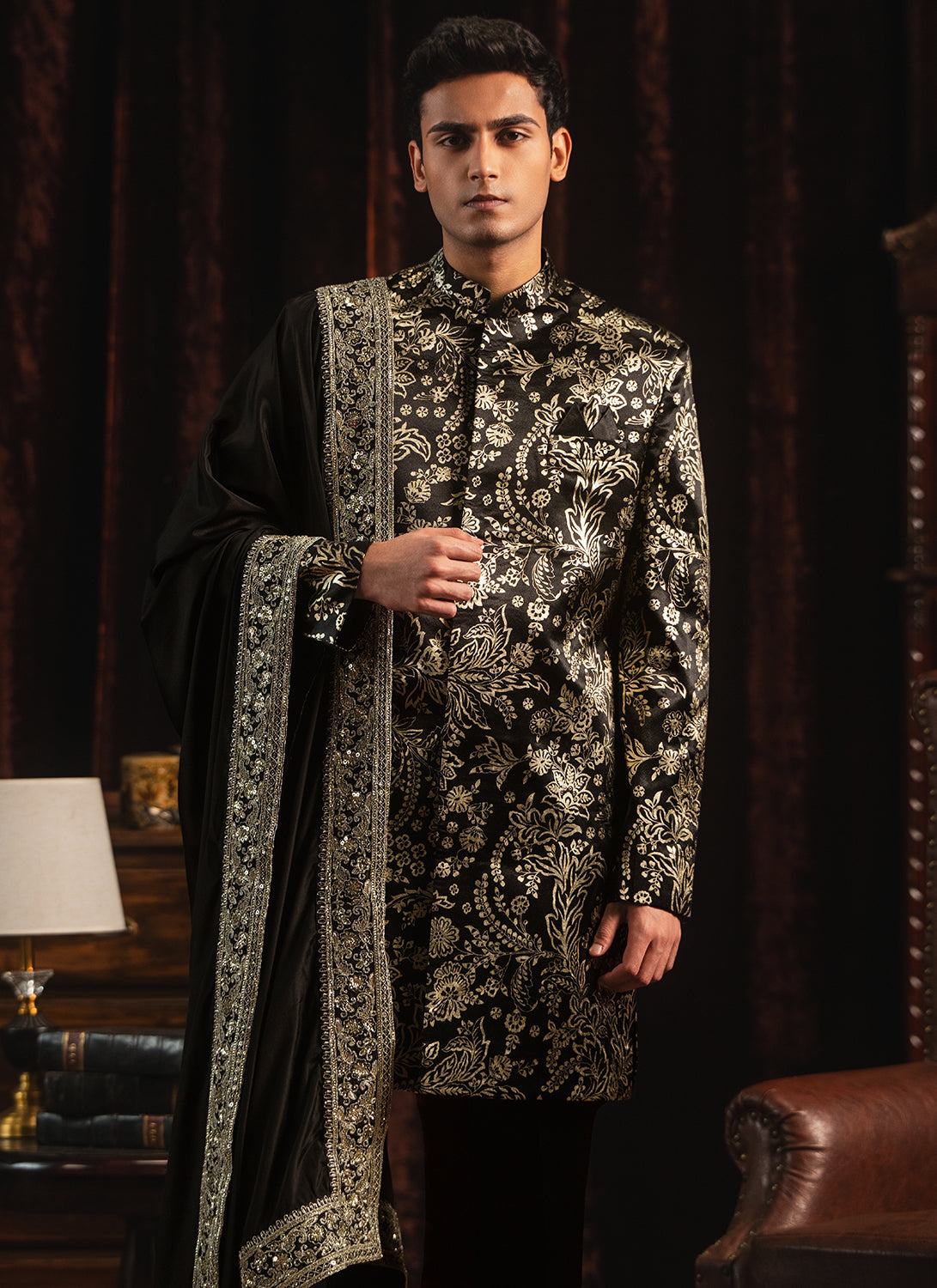 Black Foil Printed Sherwani Set