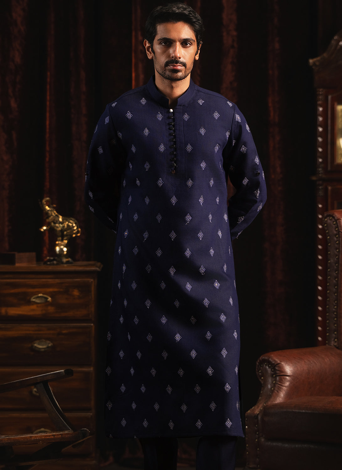 Navy Blue Embroidered Kurta Set