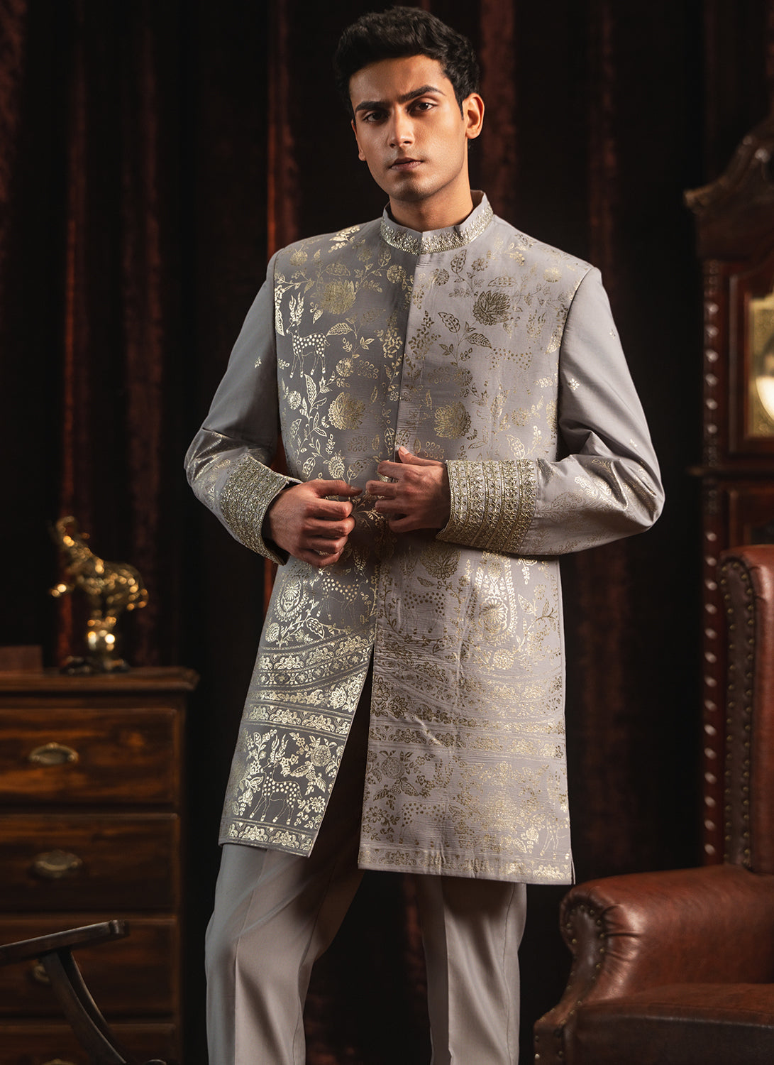 Grey Foil Printed Sherwani