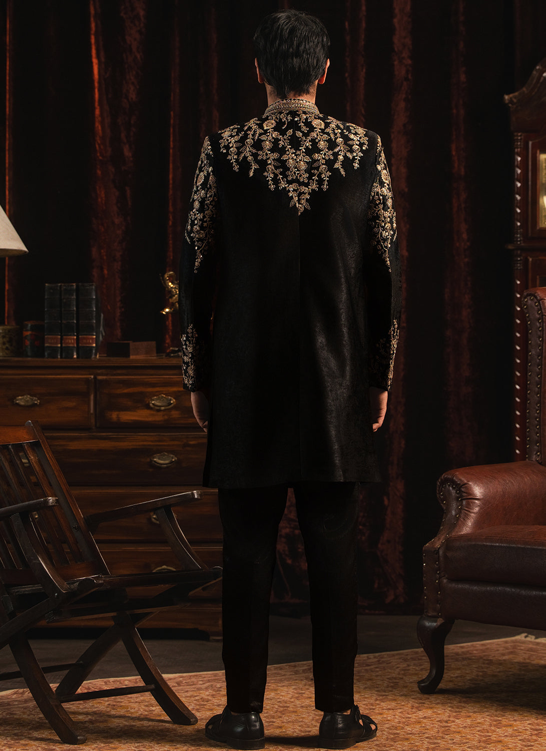 Black and Gold Embroidered Satin Sherwani