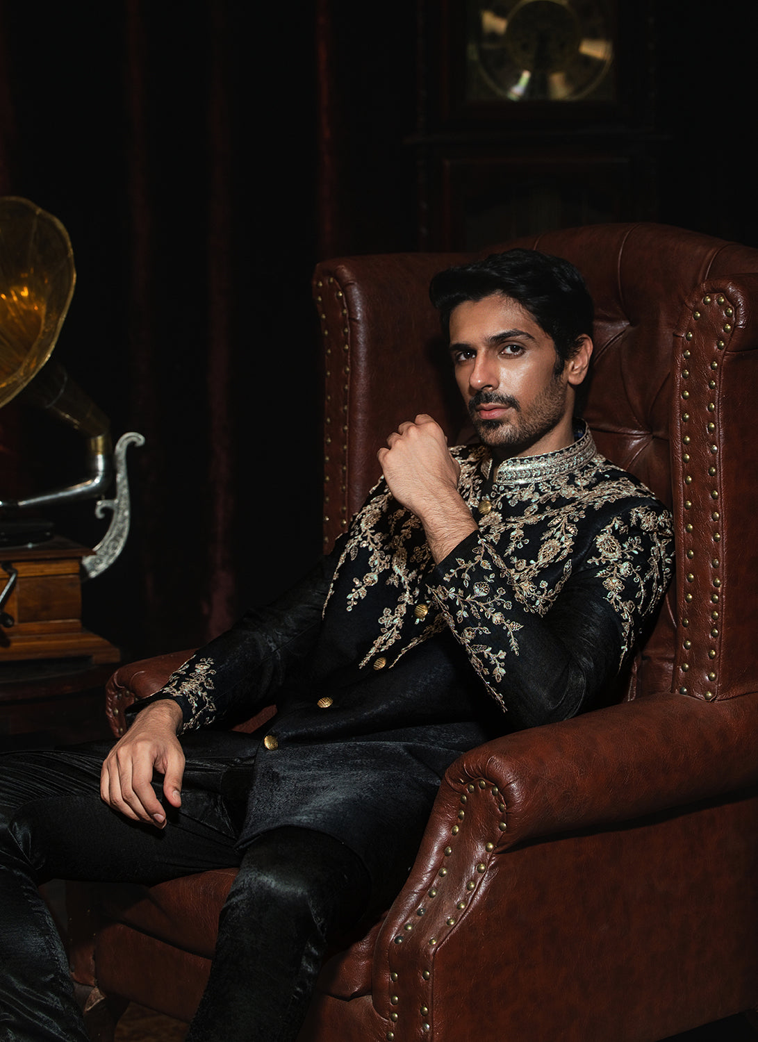 Black and Gold Embroidered Satin Sherwani