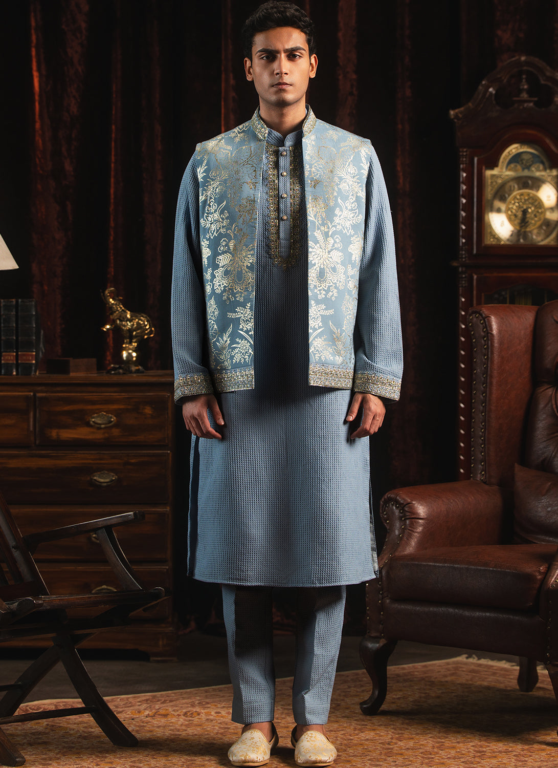 Light Blue Foil Printed Nehru Jacket Set