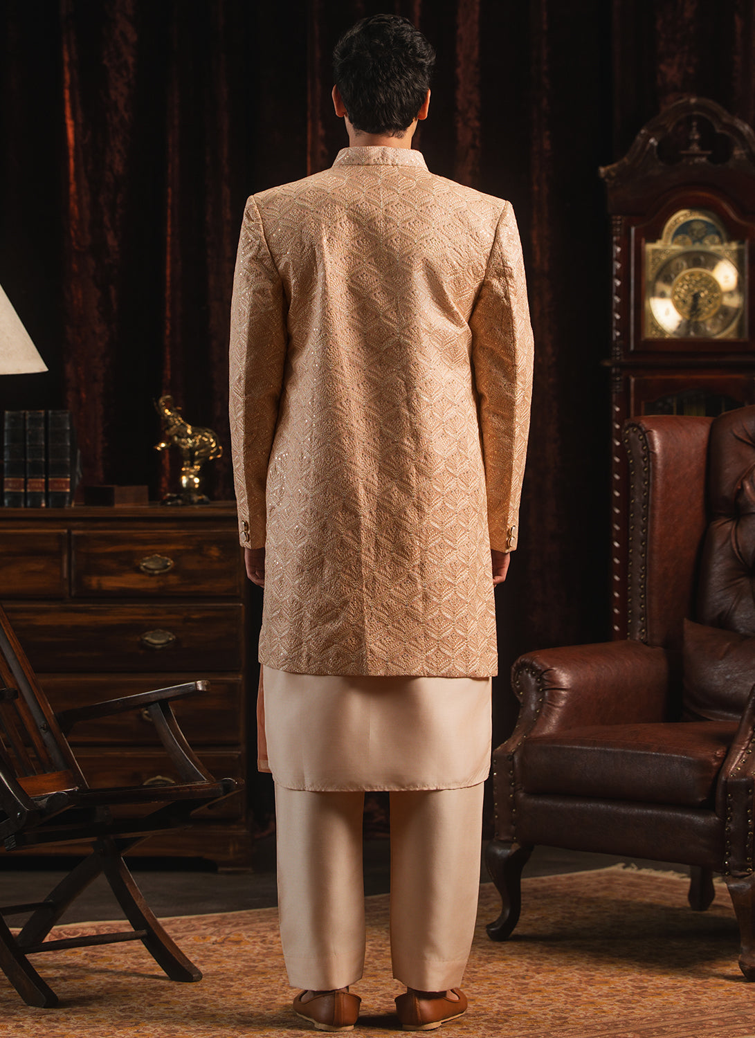 Nude Pink Embroidered Silk Sherwani Set