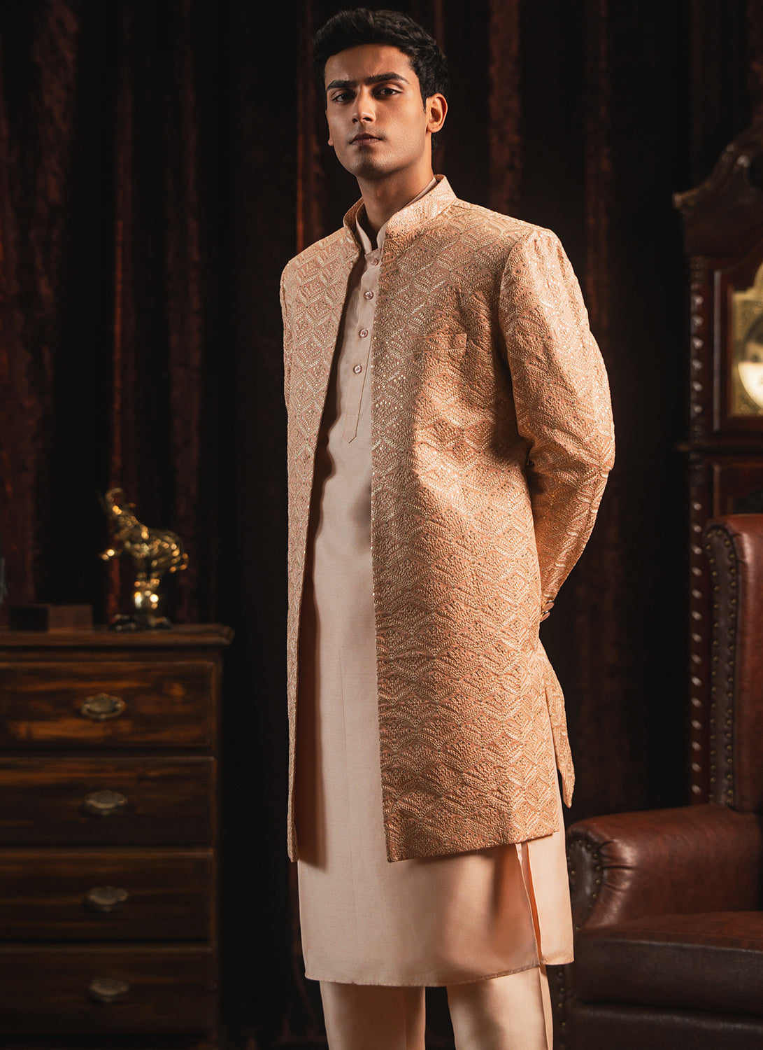 Nude Pink Embroidered Silk Sherwani Set