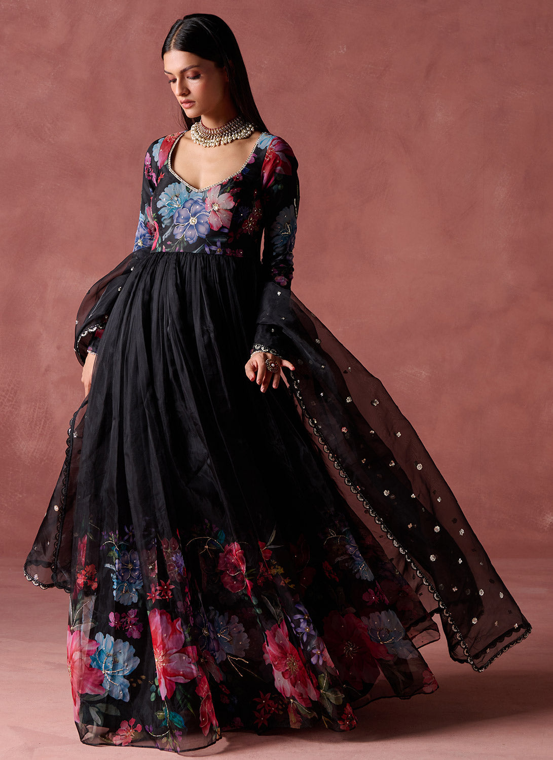 Black Multicolor Floral Printed Organza Anarkali