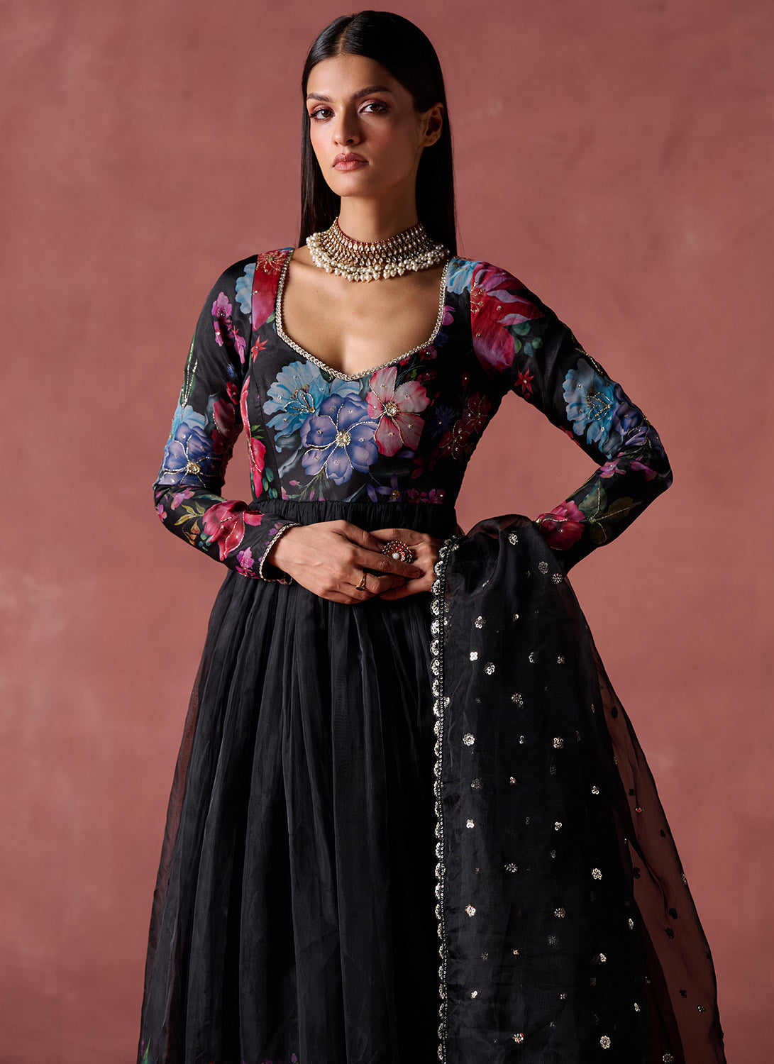 Black Multicolor Floral Printed Organza Anarkali