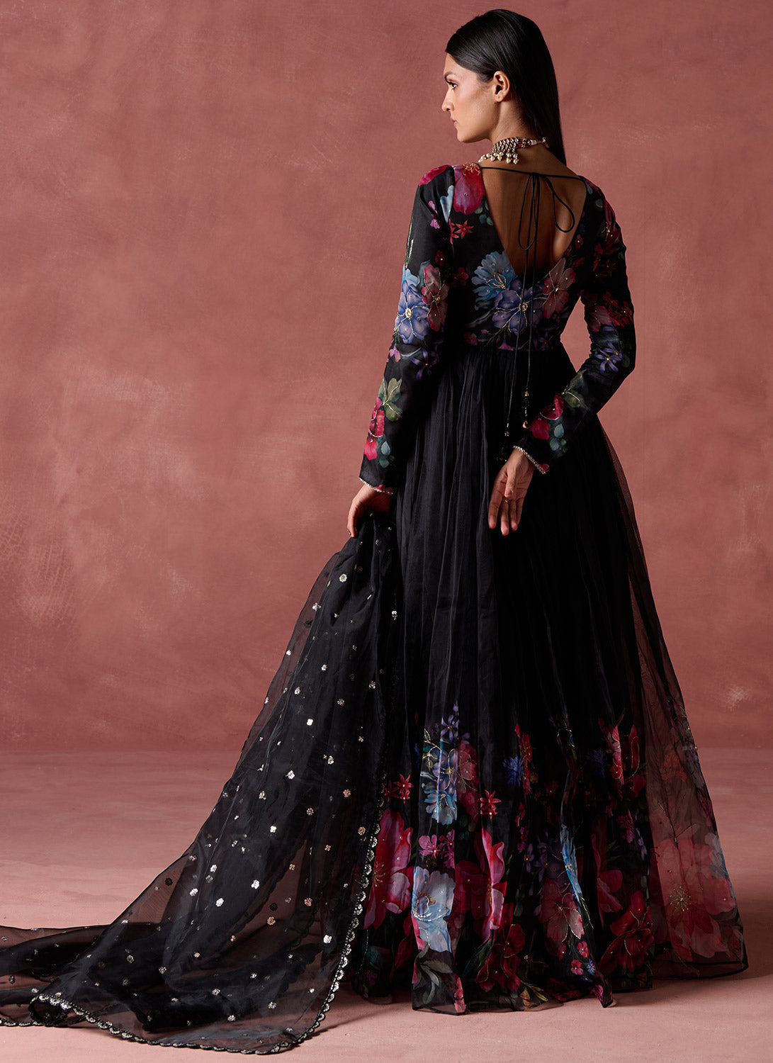 Black Multicolor Floral Printed Organza Anarkali
