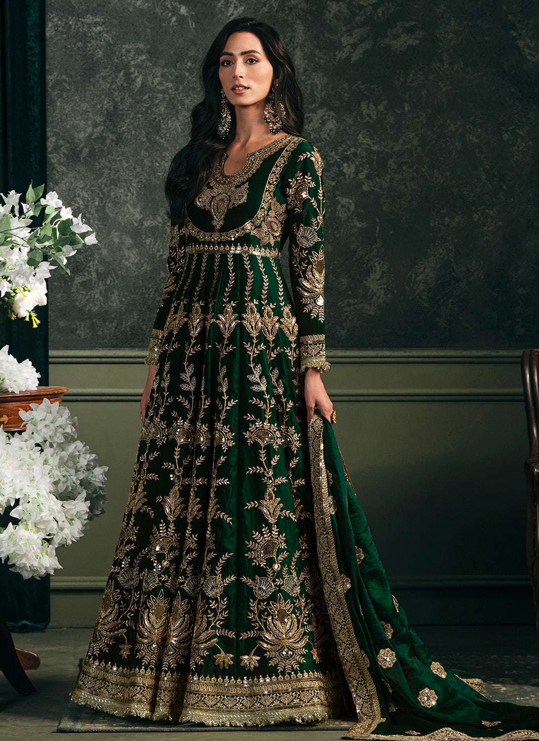 Green Embroidered Silk Anarkali