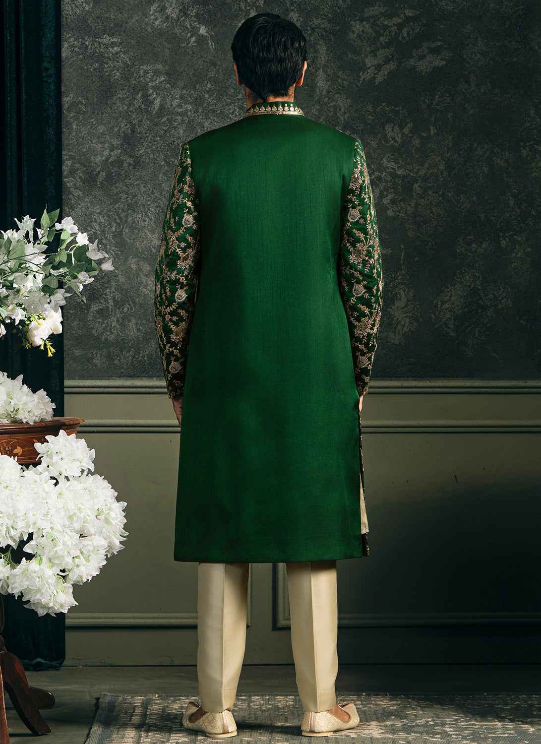 Green Embroidered Silk Sherwani Set