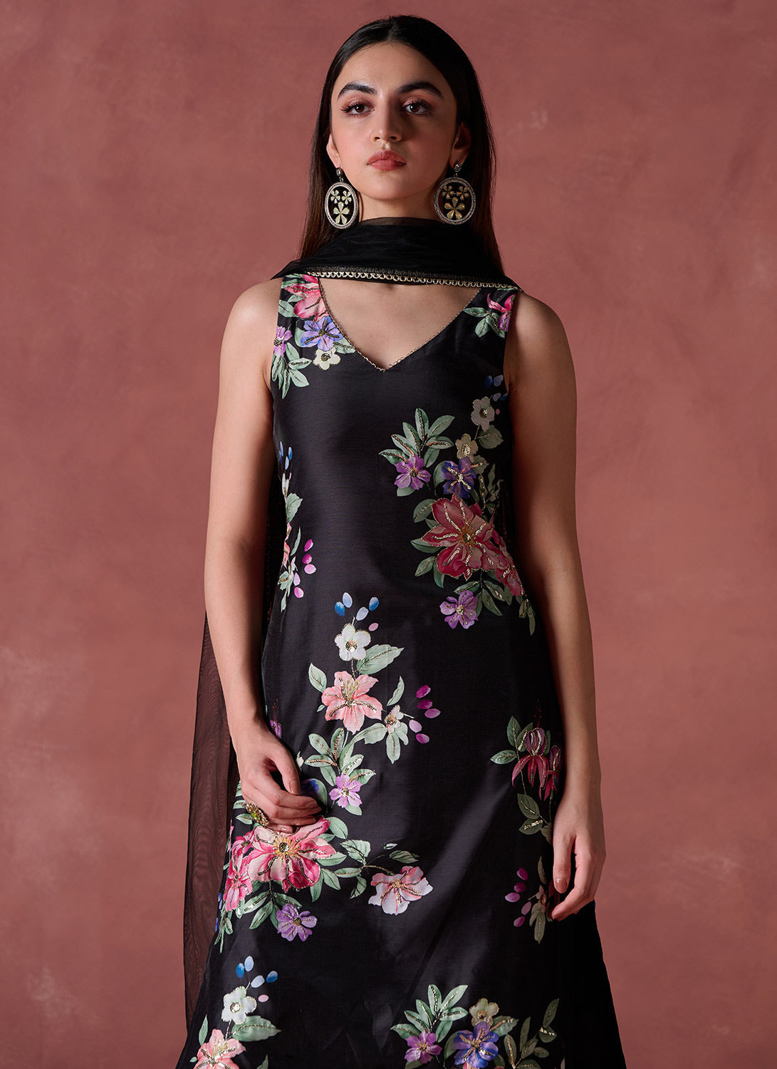 Black Multicolor Floral Printed Palazzo Suit