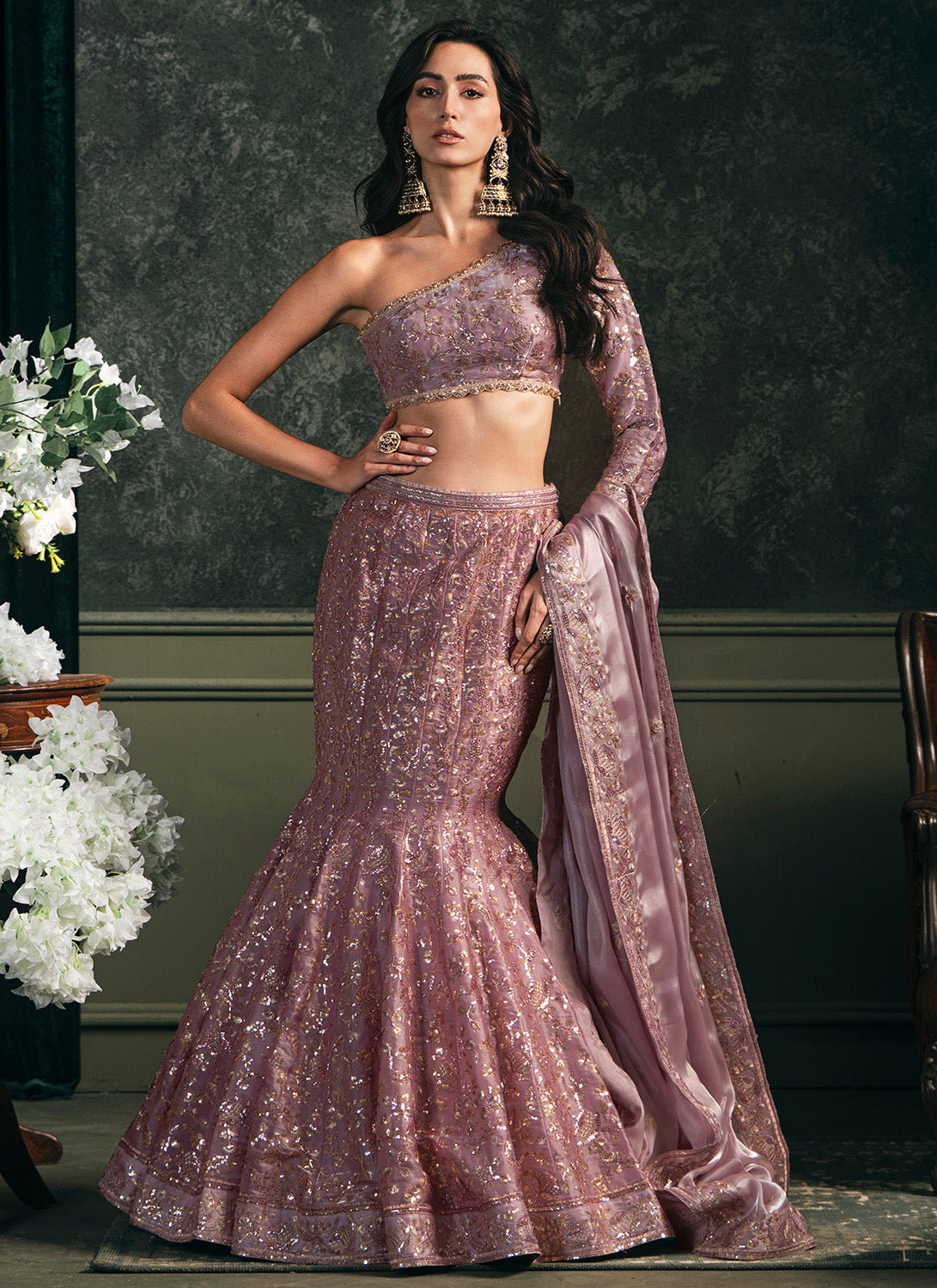 Light Purple Fishcut Embroidered Lehenga