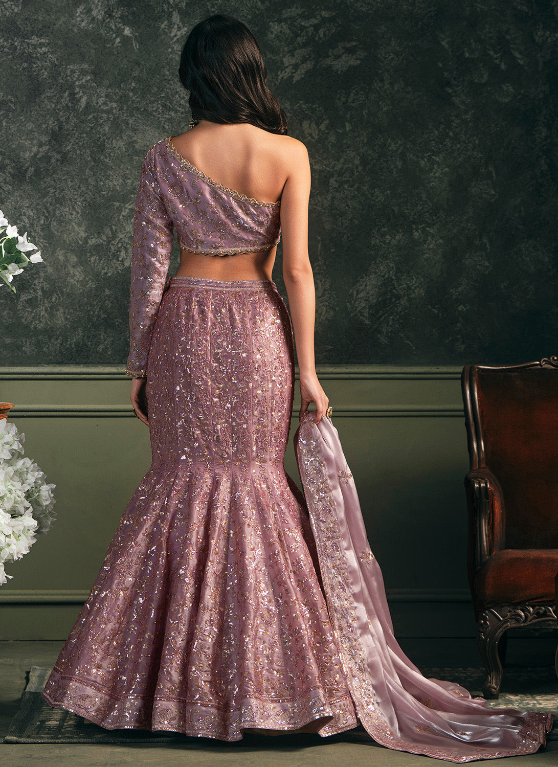 Light Purple Fishcut Embroidered Lehenga