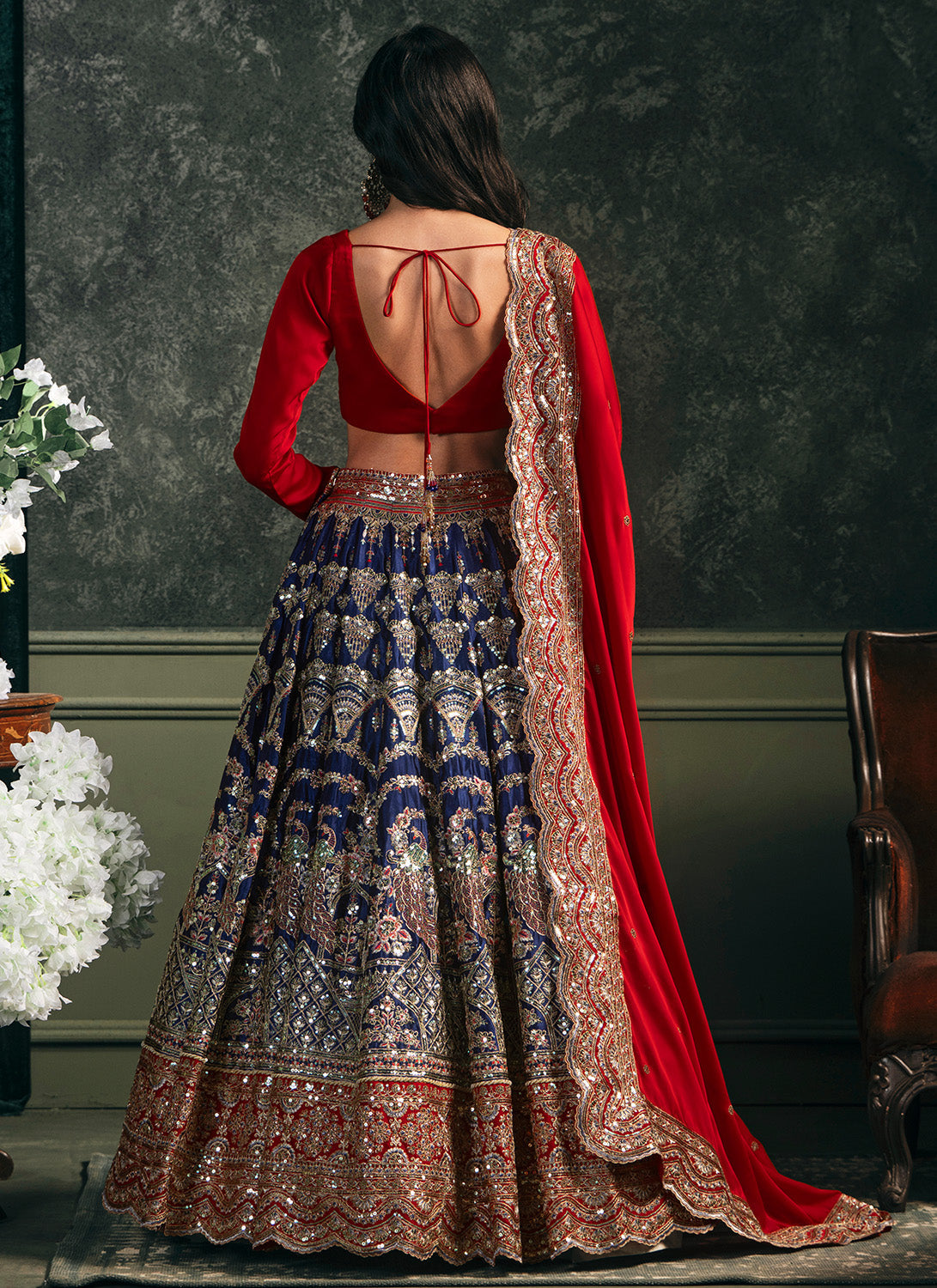 Red and Blue Embroidered Silk Velvet Lehenga