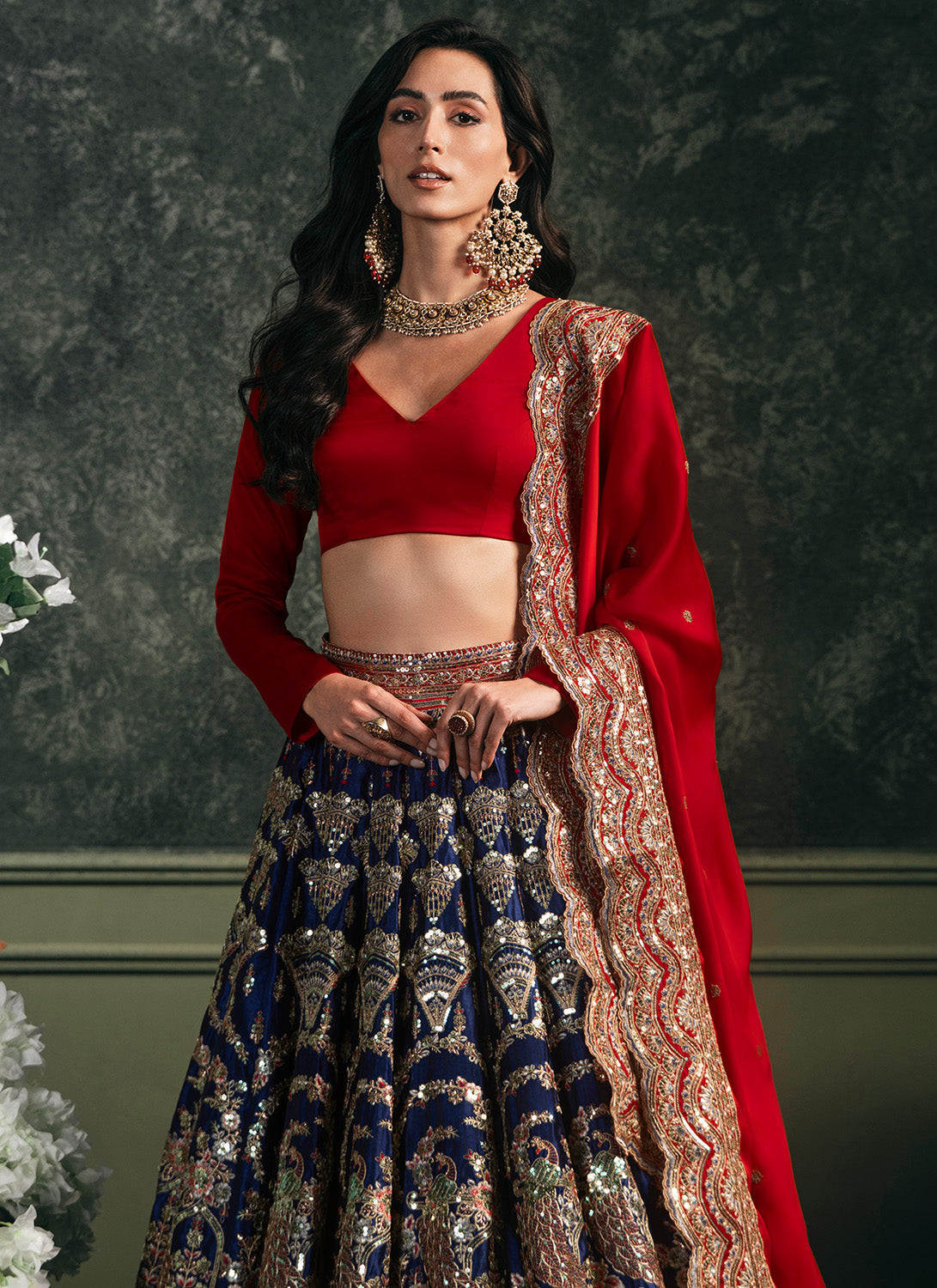 Red and Blue Embroidered Silk Velvet Lehenga