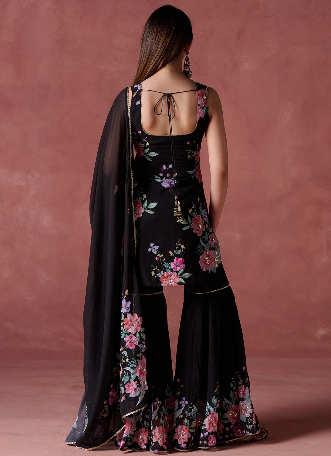 Black Floral Printed Georgette Gharara Suit