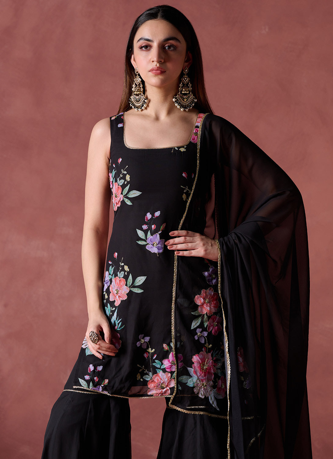 Black Floral Printed Georgette Gharara Suit