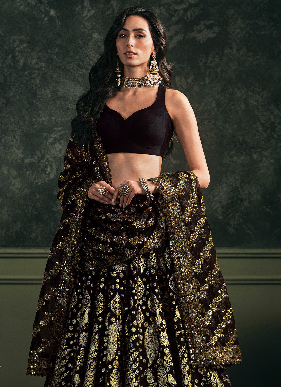Black Embroidered Brocade Lehenga