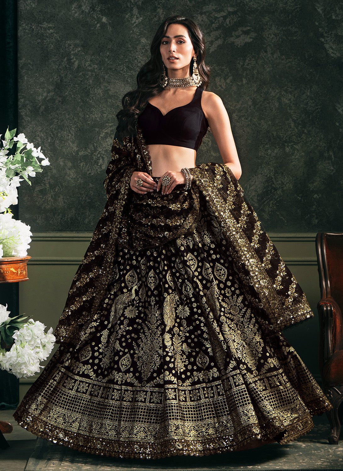 Black Embroidered Brocade Lehenga