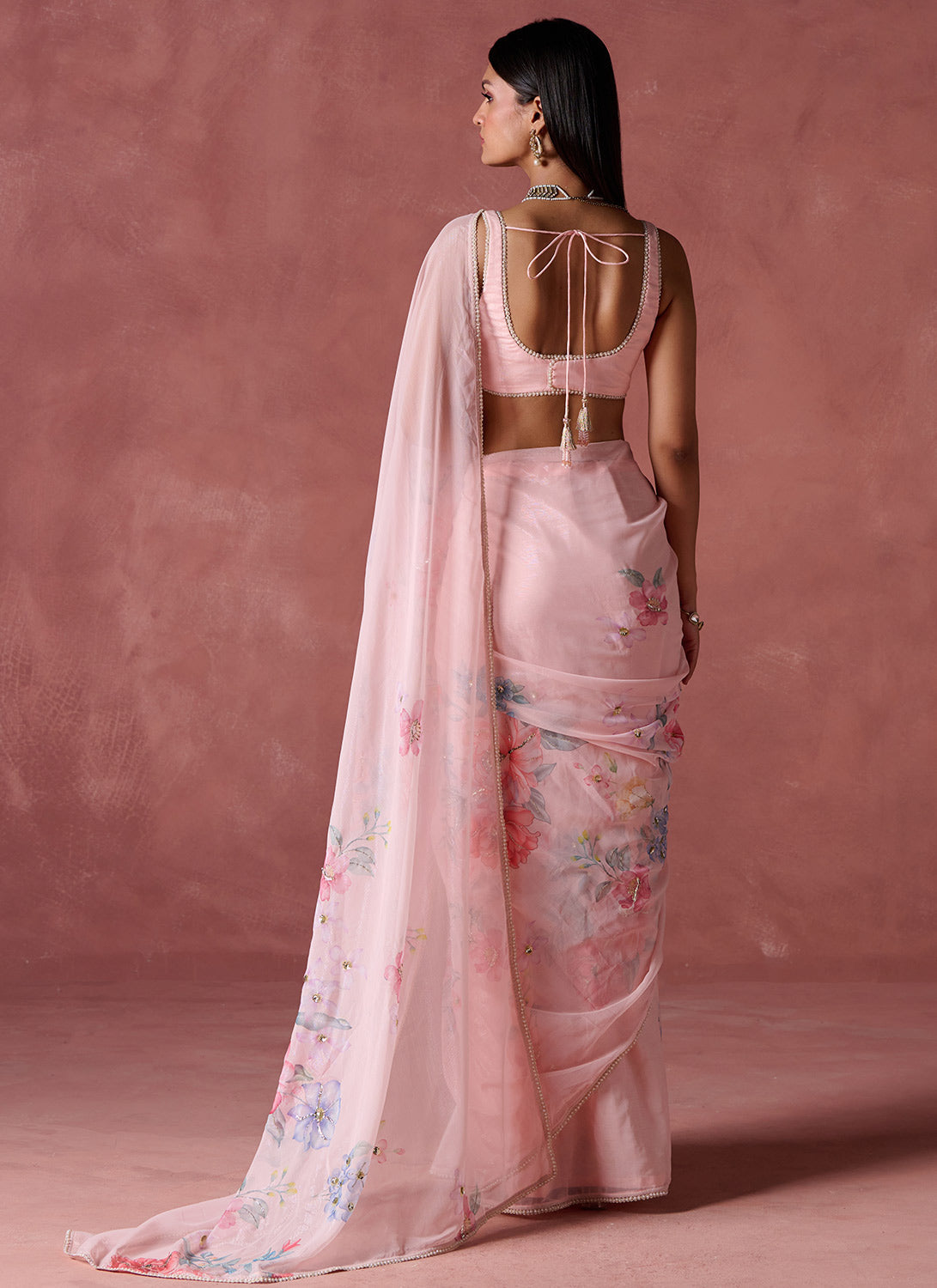 Peach Floral Printed Chiffon Saree