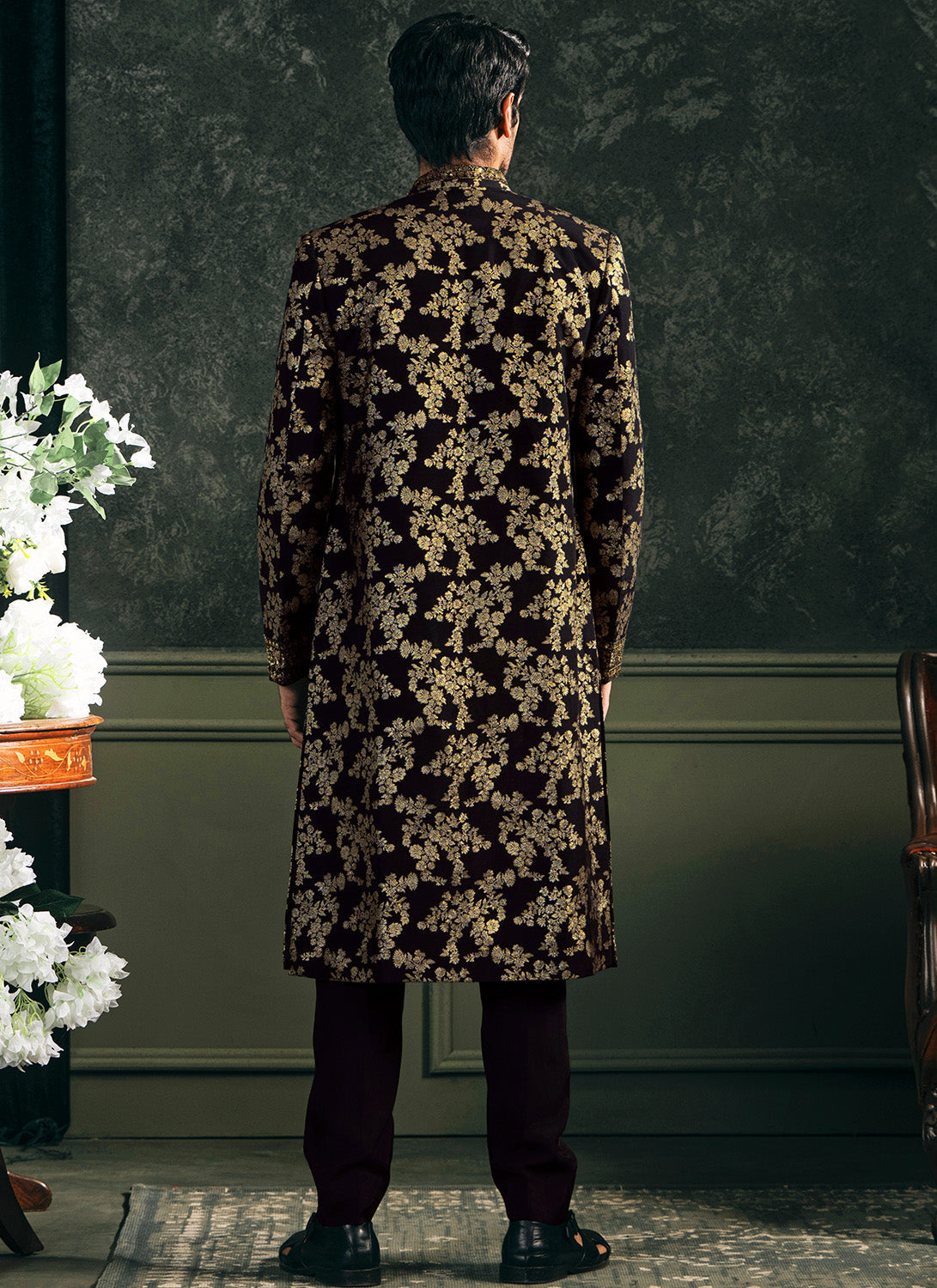 Black Embroidered Brocade Sherwani Set