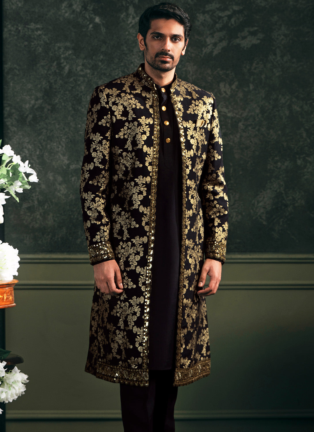 Black Embroidered Brocade Sherwani Set