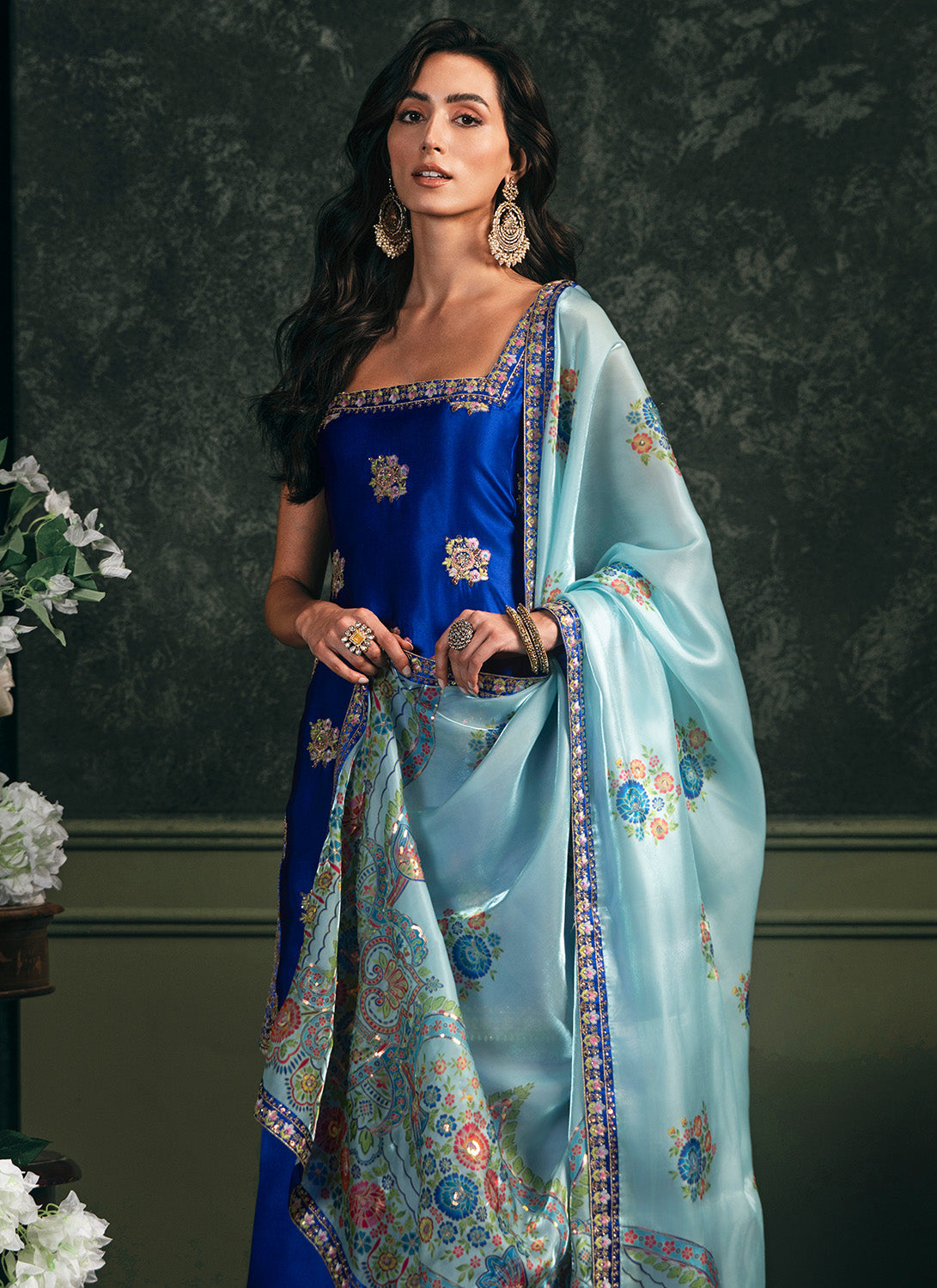 Royal Blue Embroidered Satin Sharara