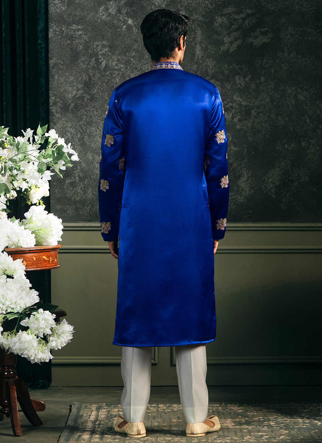 Royal Blue Embroidered Satin Kurta Set