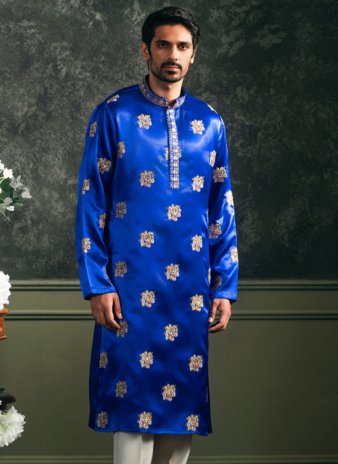 Royal Blue Embroidered Satin Kurta Set