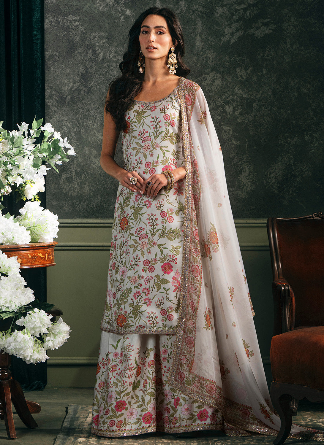 Off White Multicolor Printed Palazzo Suit