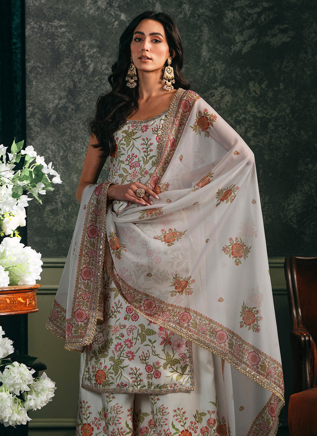 Off White Multicolor Printed Palazzo Suit