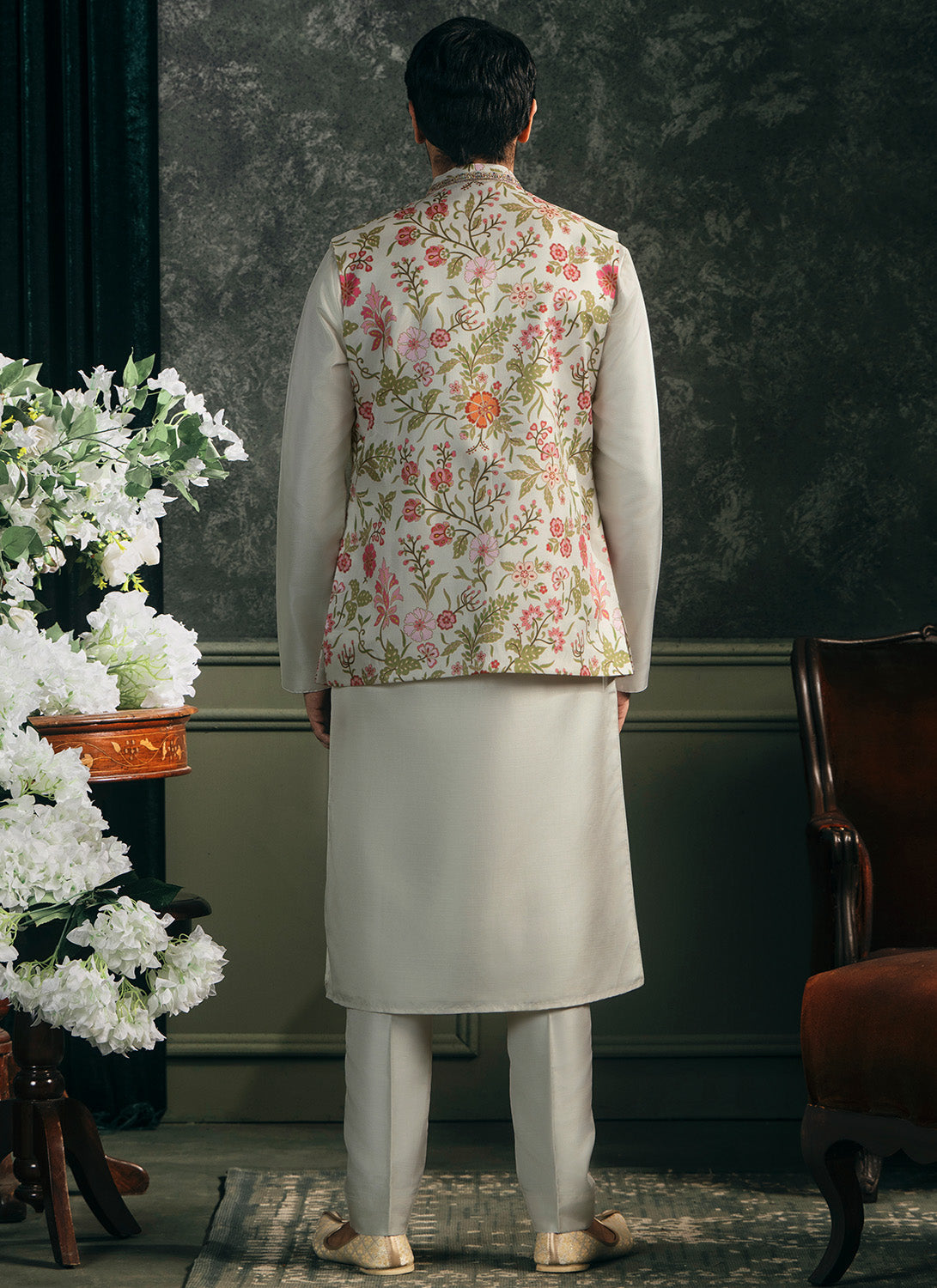 Off White Multicolor Printed Nehru Jacket Set