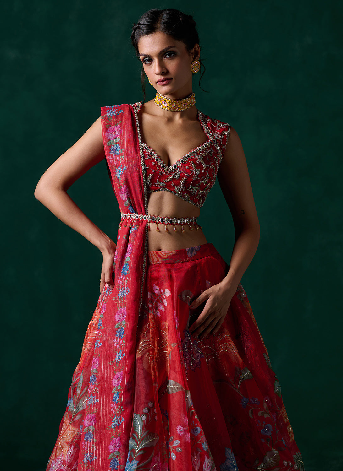 Red Multicolor Floral Printed Lehenga