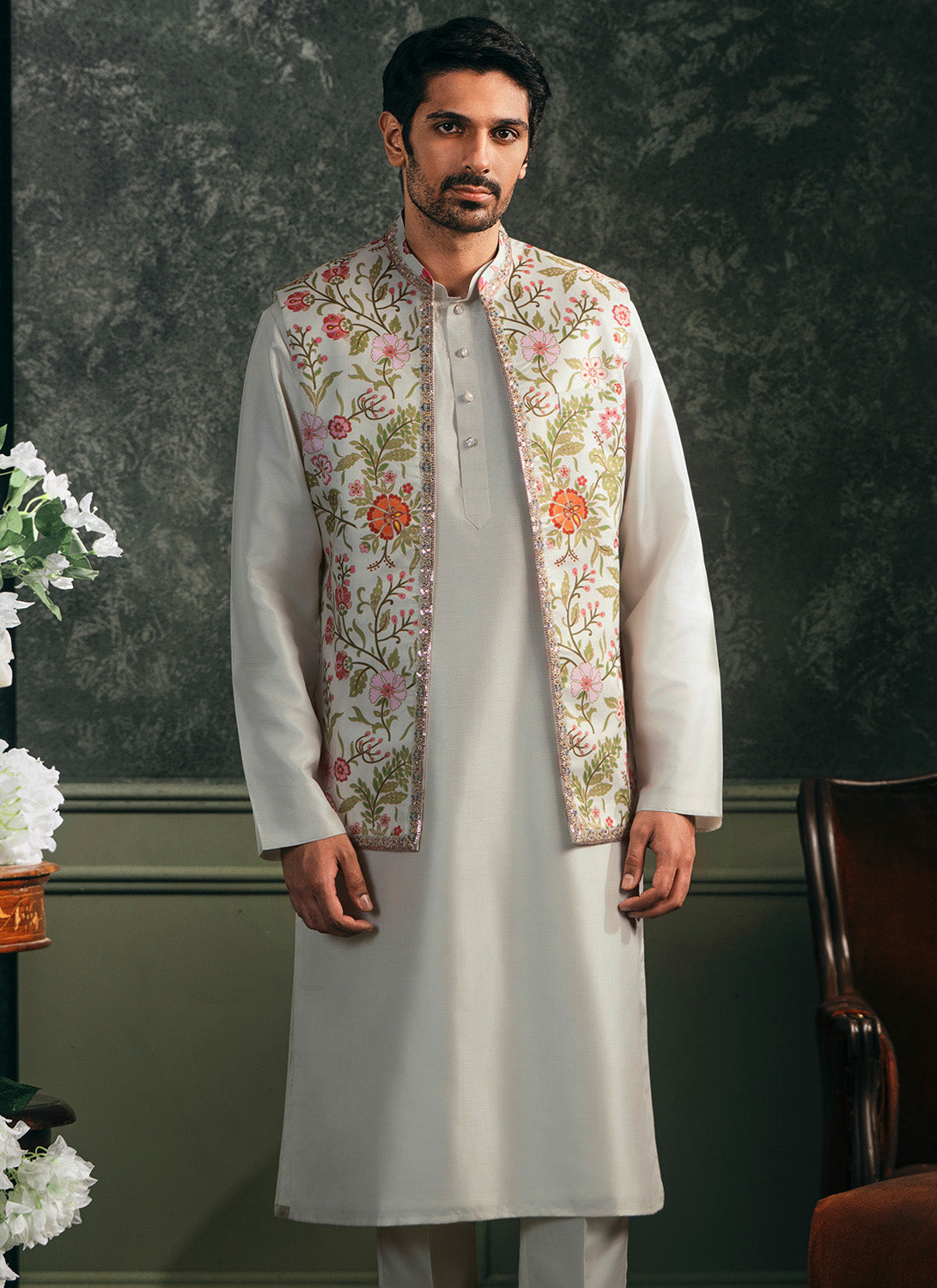 Off White Multicolor Printed Nehru Jacket Set