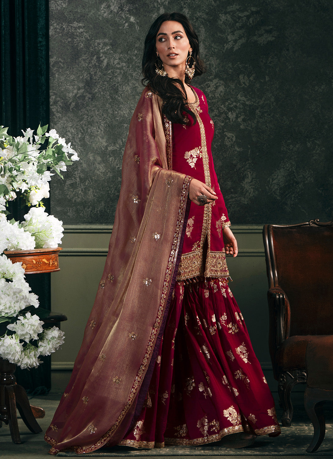 Wine Embroidered Brocade Gharara