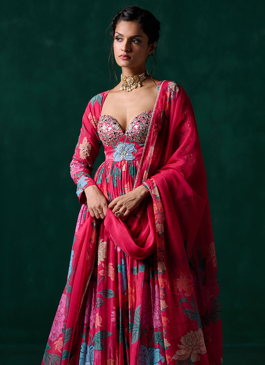 Pink Multicolor Floral Printed Anarkali