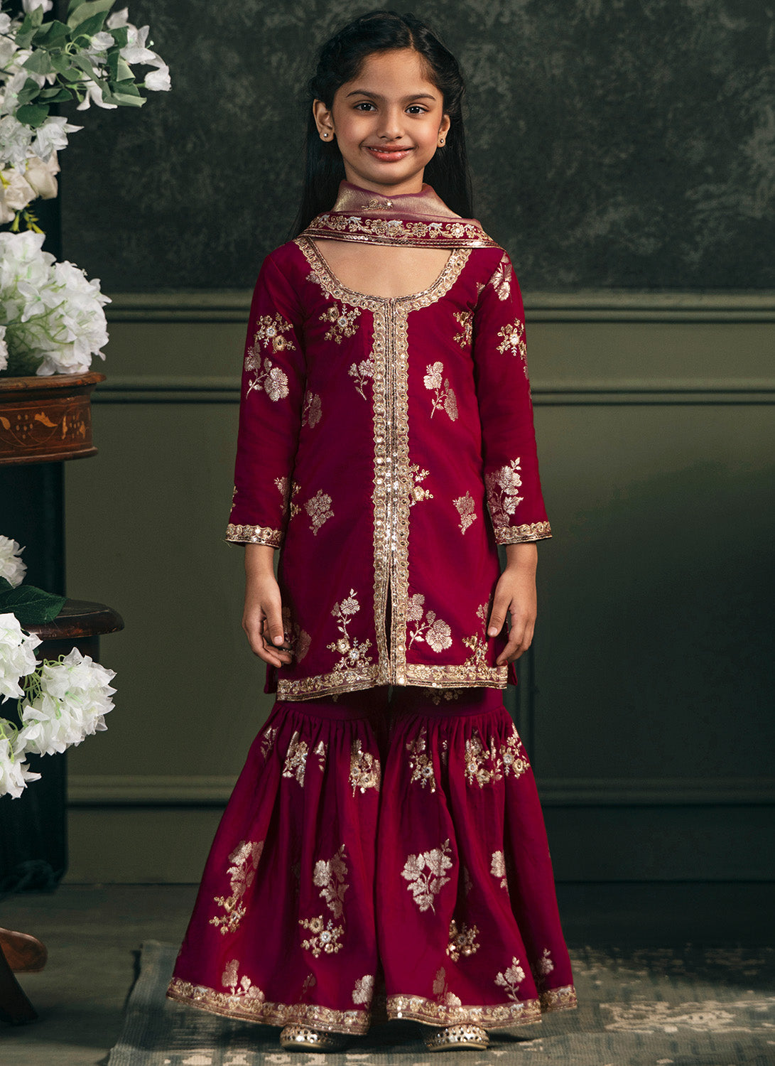 Kids Wine Embroidered Brocade Gharara